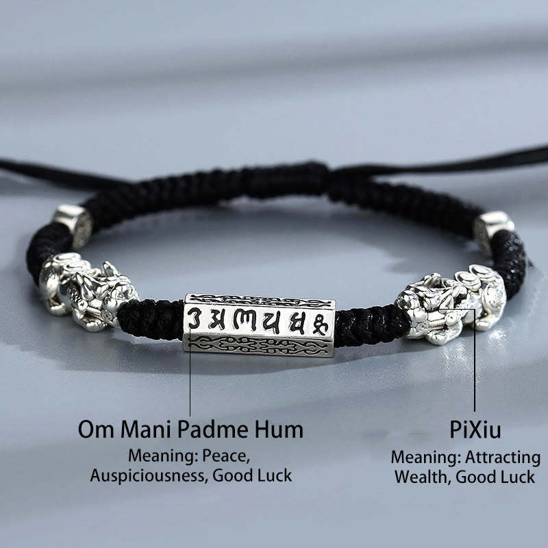Double PiXiu Feng Shui Copper Coin Om Mani Padme Hum String Bracelet