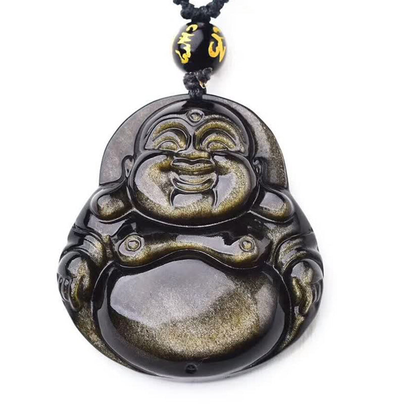 Laughing mystic zen Gold Sheen Obsidian Wealth Necklace Pendant