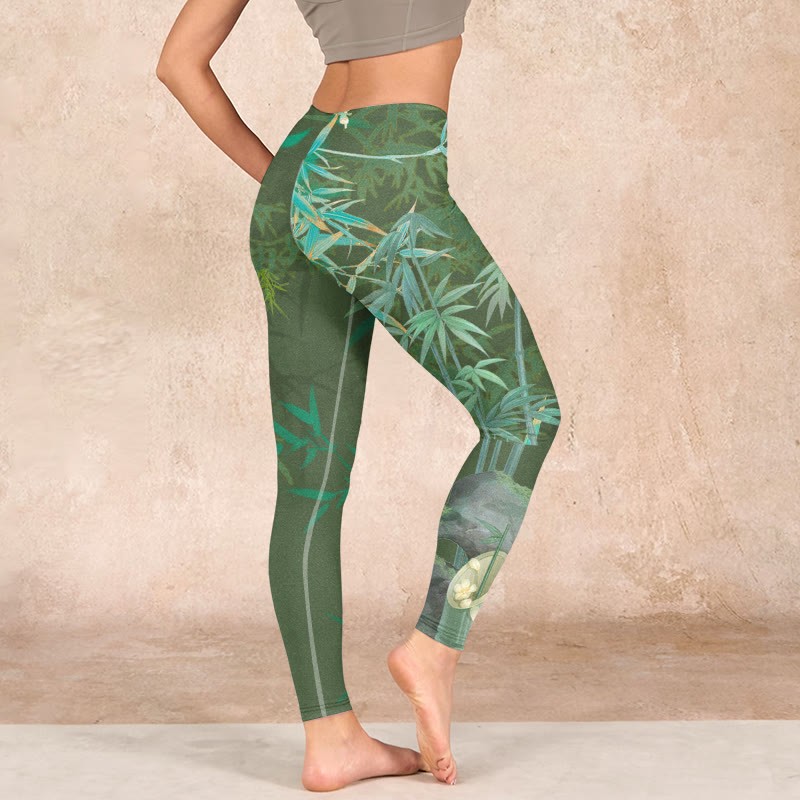 Green Bamboo Rock Flower Print Gym Leggings Women's Yoga Pants