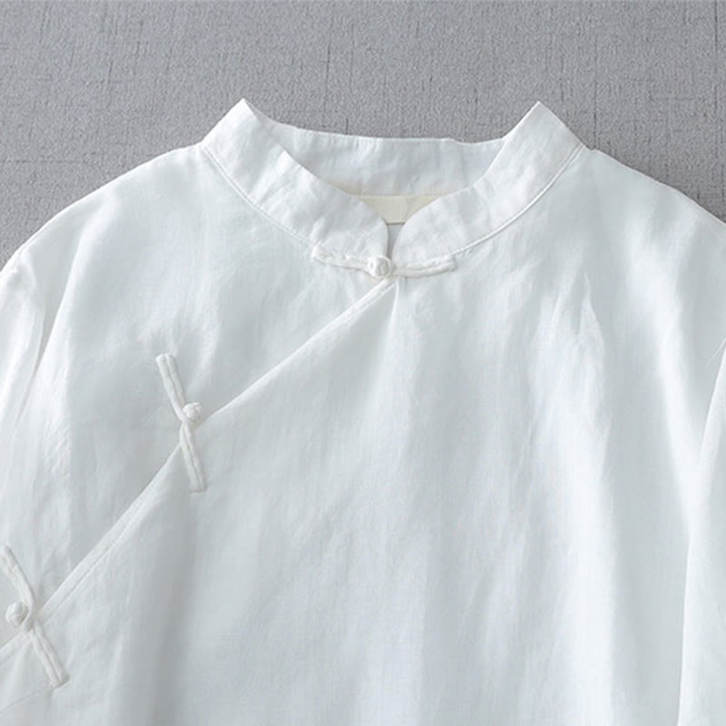 Solid Color Frog-Button Three Quarter Sleeve Double Layer Cotton Linen Shirt