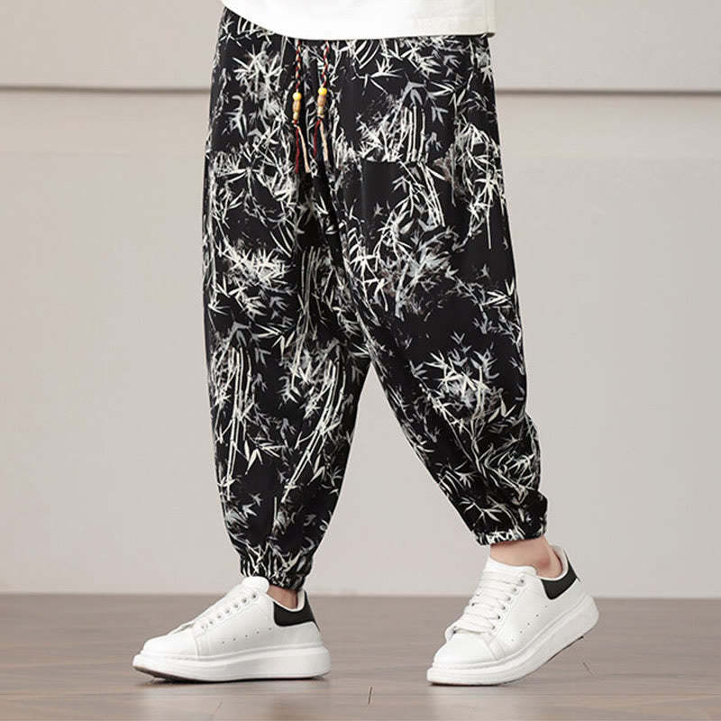 Bamboo Leaf Pattern Drawstring Men's Harem Pants With Pockets
