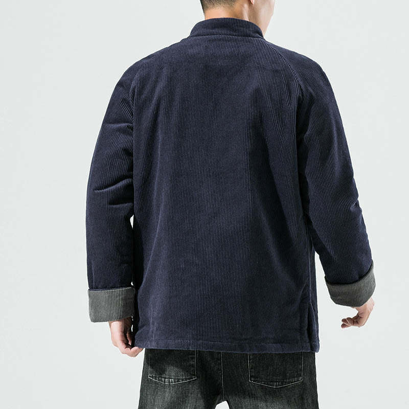 Frog-Button Chinese Tang Suit Stand Collar Long Shirt Corduroy Men Cotton Jacket Clothing