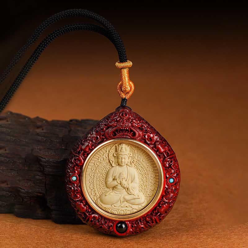 Chinese Zodiac Avalokitesvara Small Leaf Red Sandalwood Ebony Longevity Necklace Pendant