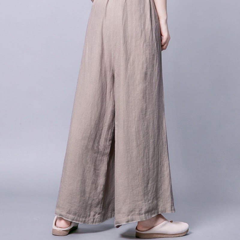 Casual Cotton Frog-Button High Waist Wide Leg Pants With Pockets