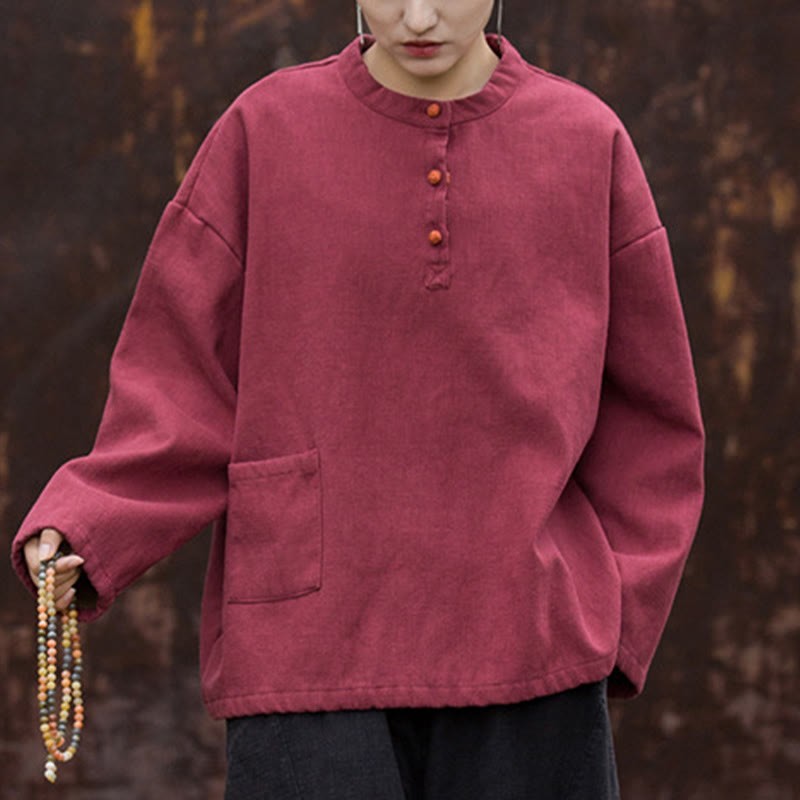 Retro Solid Color Thermal Long Sleeve Ramie Linen Women's Shirt