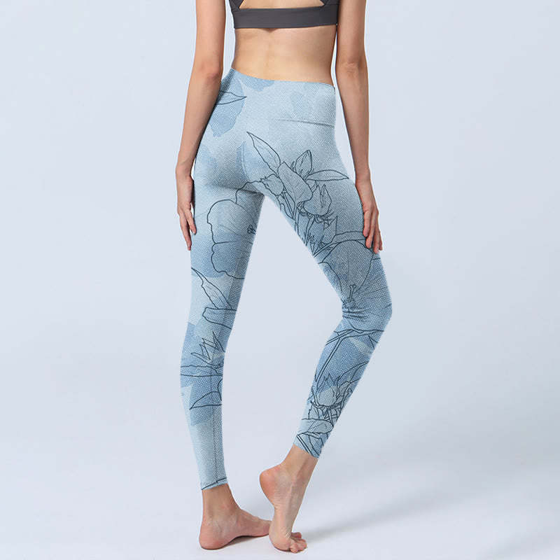 Blue Flower Sketch Print Sports Leggings Women's Yoga Pants