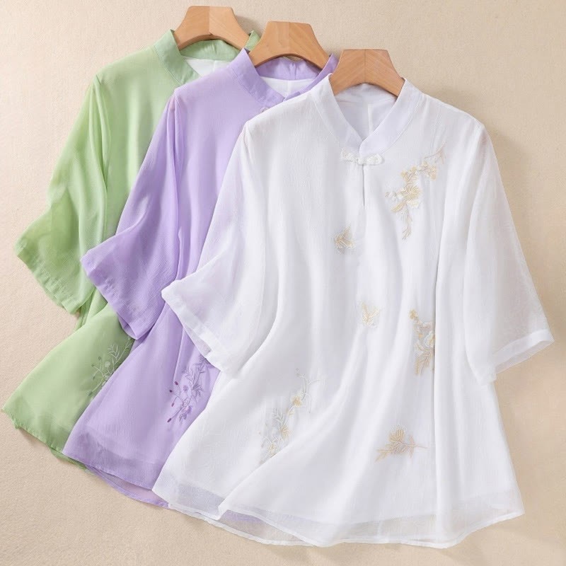 Embroidery Plants Flower Half Sleeve Plain Frog-Button Stand Collar Women's Shirt