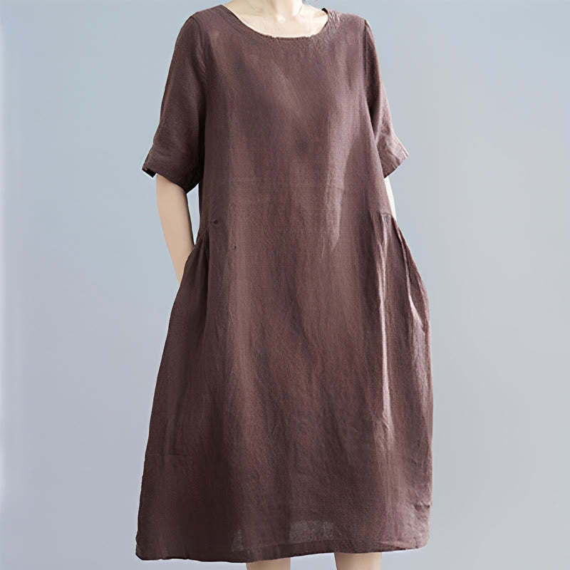 Casual Loose Solid Color Cotton Linen Crew Neck Half Sleeve Design Midi Dress With Pockets