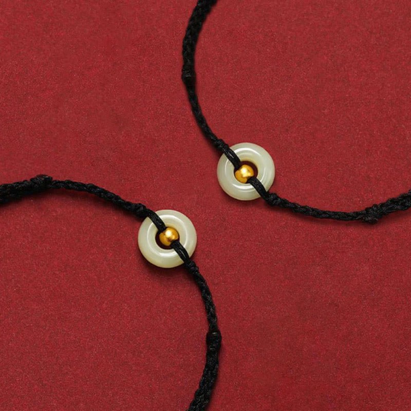 999 Gold Bead Round Peace Buckle Hetian Jade Luck Abundance Braided Bracelet Anklet