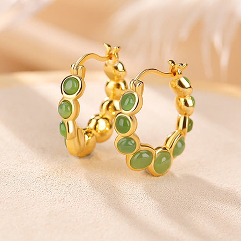 925 Sterling Silver Plated Gold Hetian Cyan Jade Pea Ear Clip Prosperity Earrings