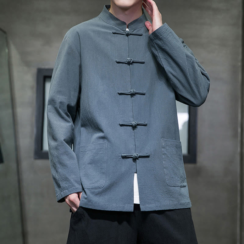 Solid Color Frog-button Tang Suit Cotton Linen Men's Jacket Shirt With Pockets