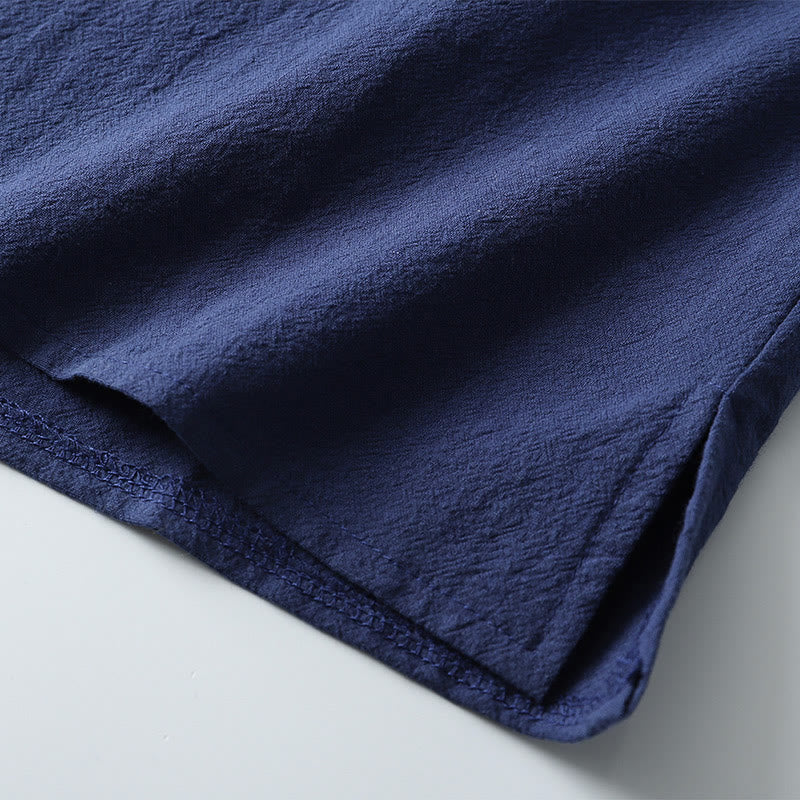 Loose Men's T-shirt Solid Color Top Short Sleeve Button Notched Neck Soft Cotton Linen Shirt