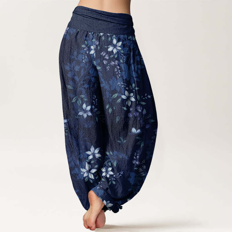 Small White Blossoms Green Leaves Women's Elastic Waist Harem Pants