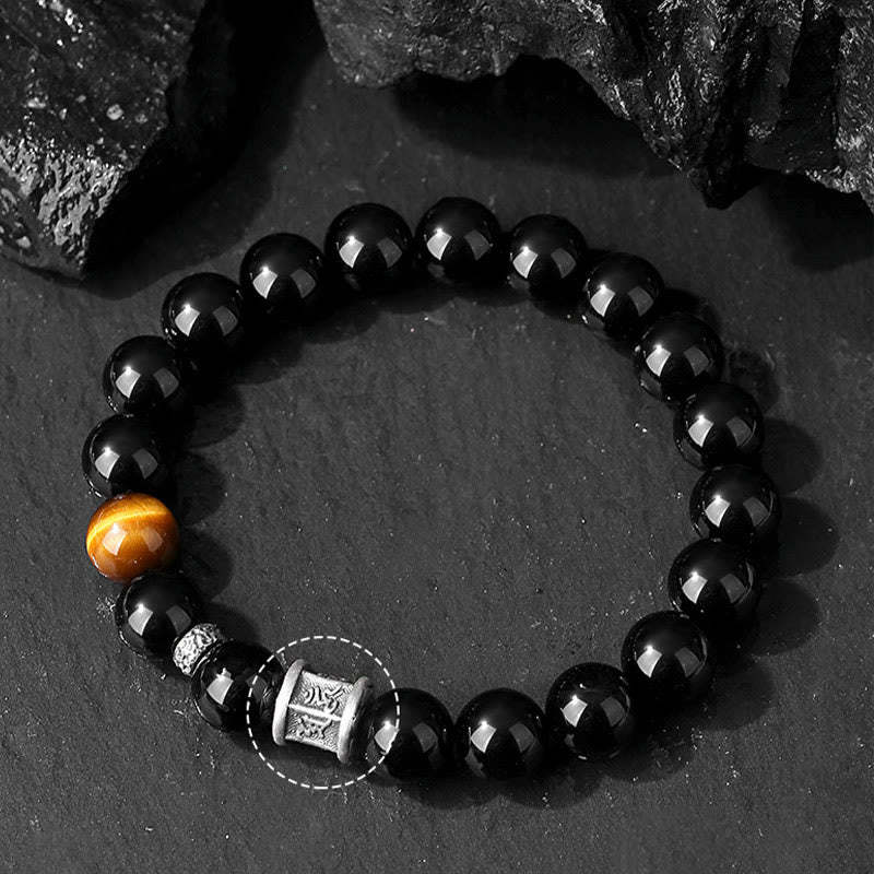 999 Sterling Silver Black Obsidian Tiger Eye Om Mani Padme Hum Fulfillment Bracelet