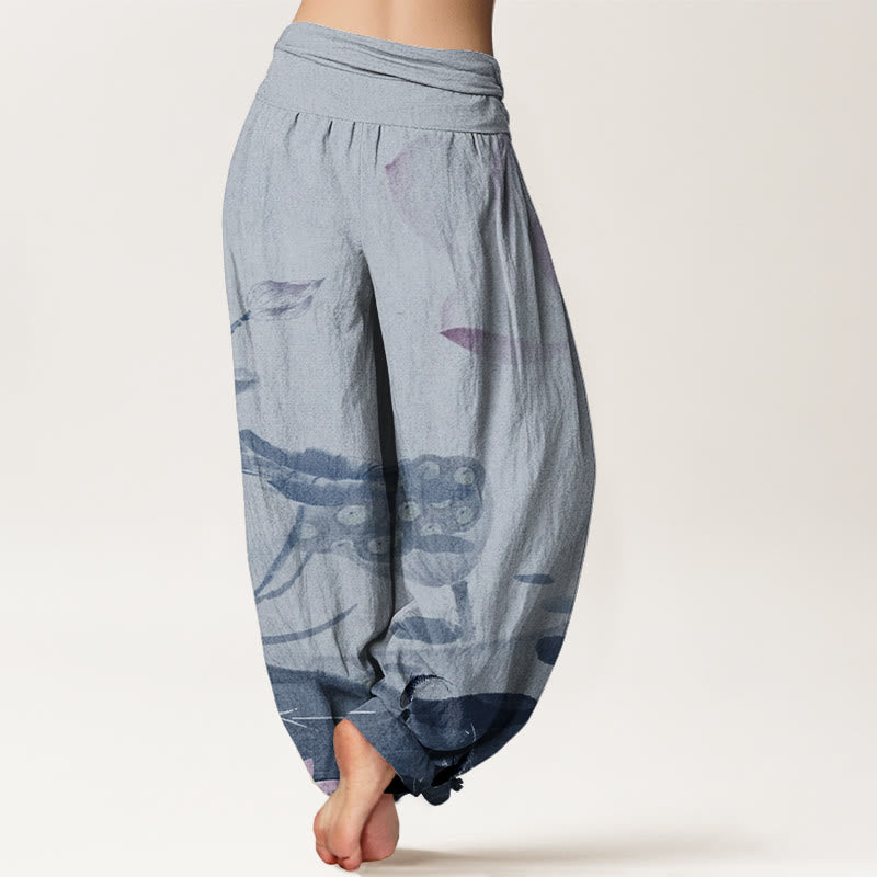 Ink Lotus Flowers Leaves Koi Fish Pattern Women's Elastic Waist Harem Pants