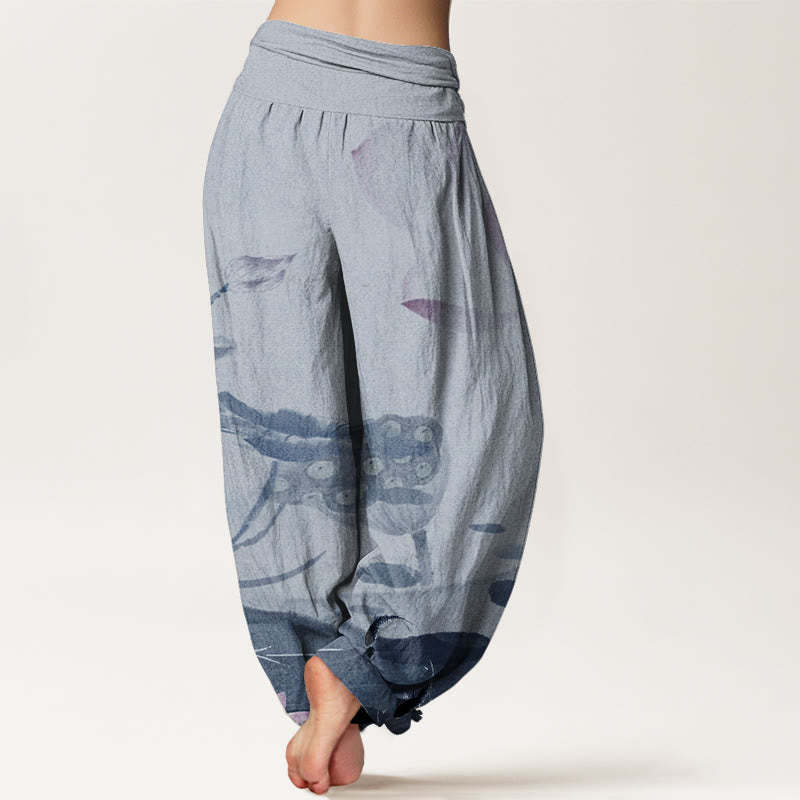 Ink Lotus Flowers Leaves Koi Fish Pattern Women's Elastic Waist Harem Pants