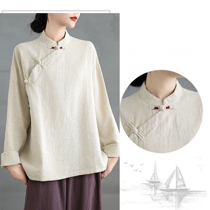 Solid Color Frog-Button Long Sleeve Women's Shirt