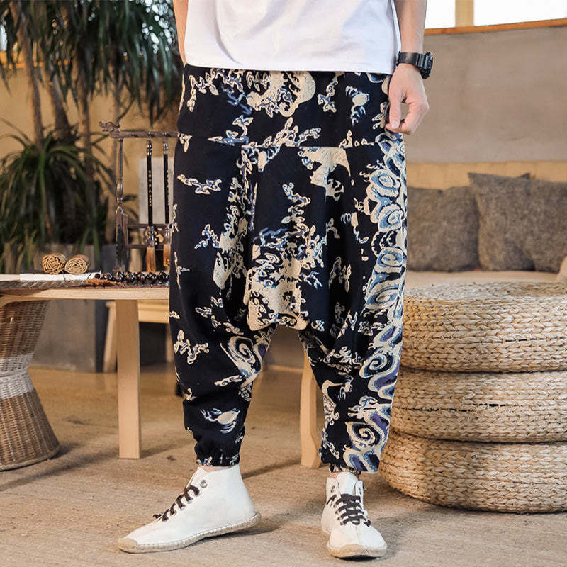 Chinese Dragon Pattern Cotton Men's Harem Pants With Pockets