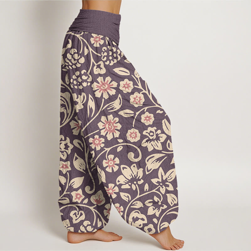 Casual Beige Pink Flowers Grapes Design Women's Elastic Waist Harem Pants