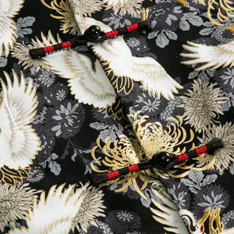Chinese New Year Flying Crane Chrysanthemum Frog-button Tang Suit Cotton Men's Jacket Shirt With Pockets