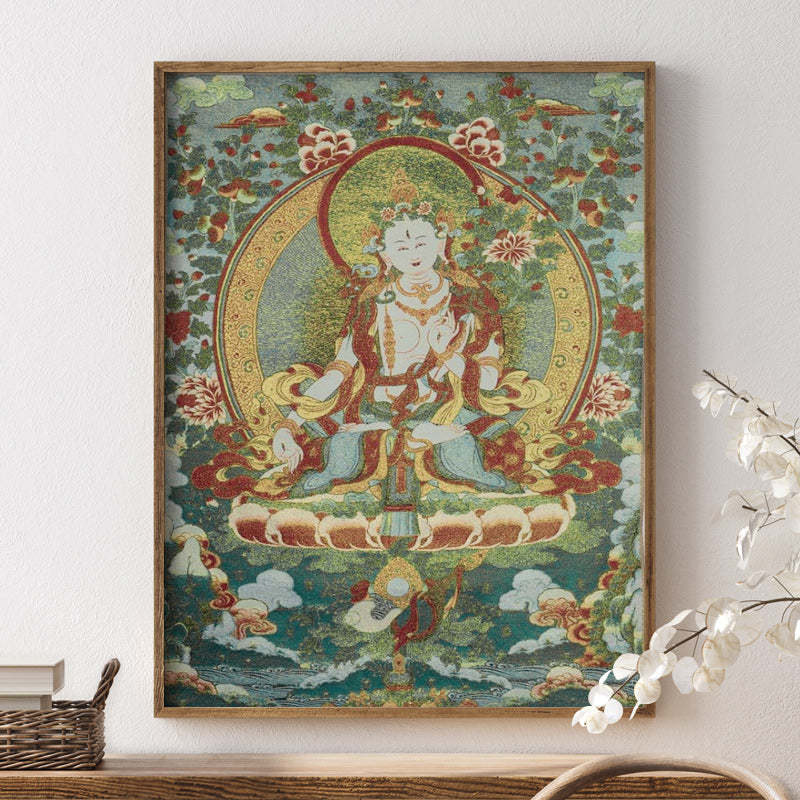 Tibetan Embroidery White Tara Thangka Tapestry Wall Hanging Wall Art Meditation for Home Decor