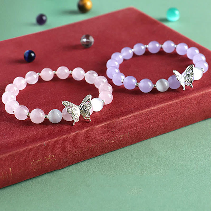 Blue Chalcedony Pink Crystal Purple Chalcedony Butterfly Energy Bracelet