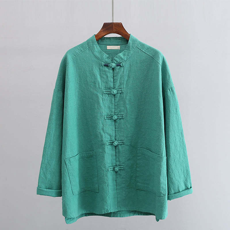 Solid Color Frog-button Long Sleeve Linen Women's Shirts With Pockets
