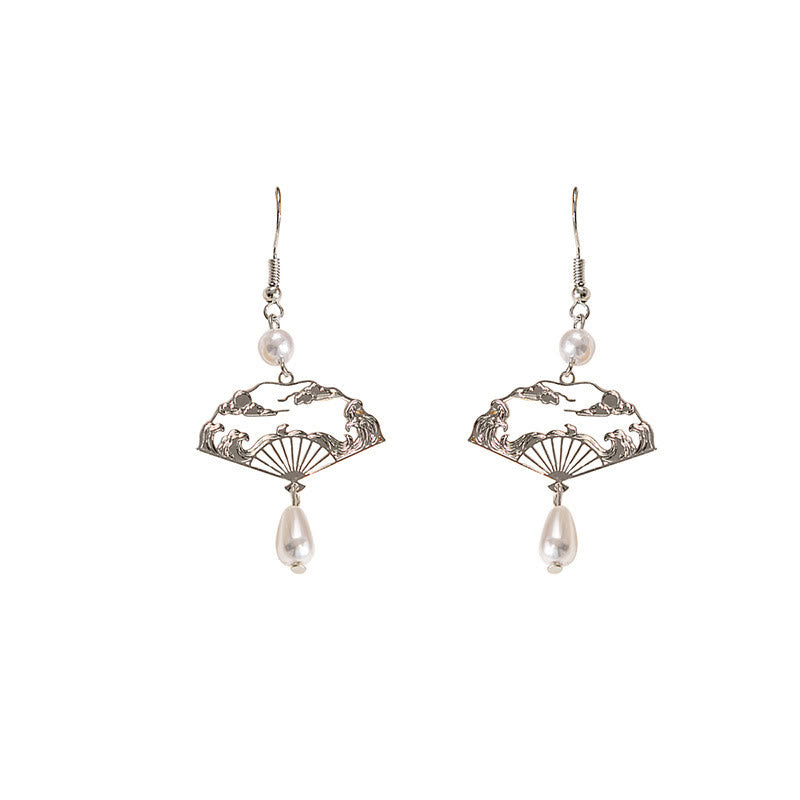 Copper Fan Auspicious Clouds Pearl Healing Drop Earrings