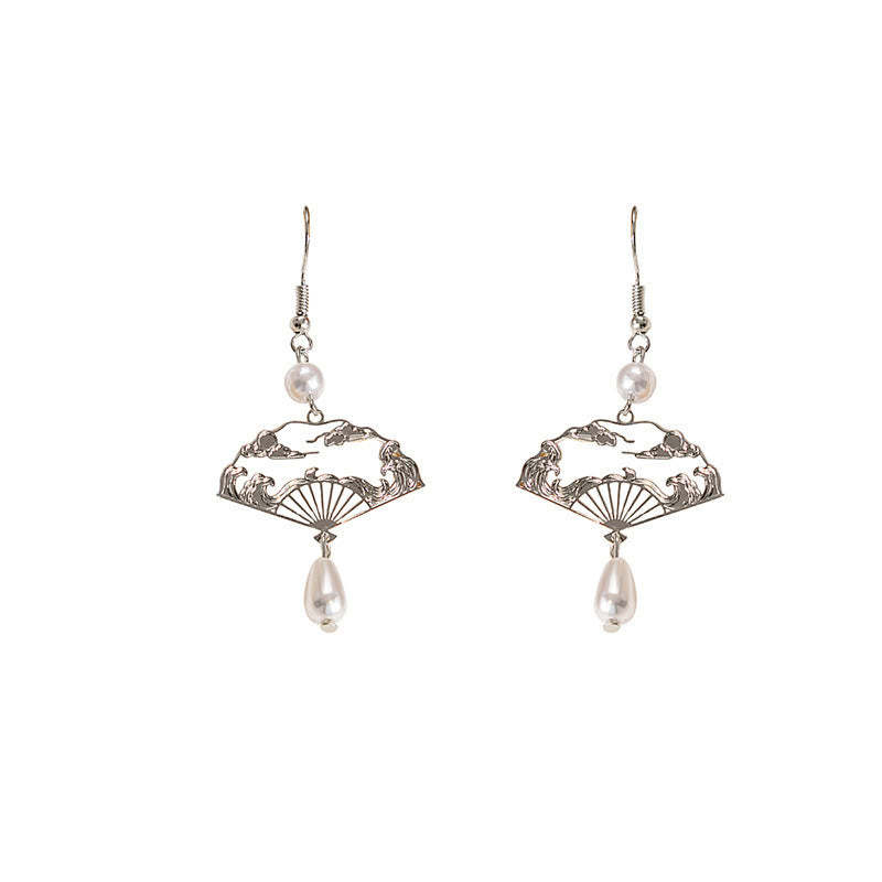Copper Fan Auspicious Clouds Pearl Healing Drop Earrings