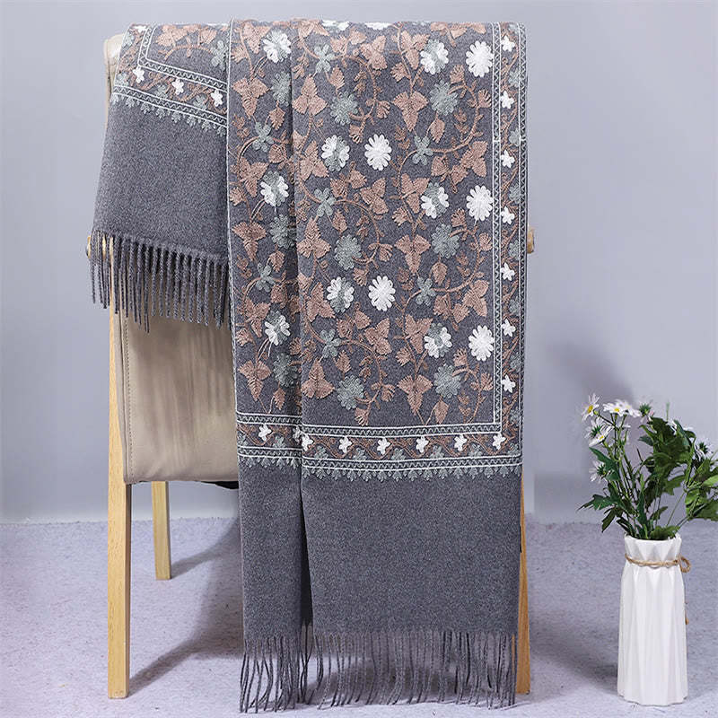 Polyester Shawl Cashew Flowers Embroidery Tassel Winter Cozy Travel Scarf Wrap