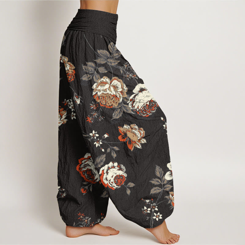 Casual Rose Leaf Pattern Women's Elastic Waist Harem Pants