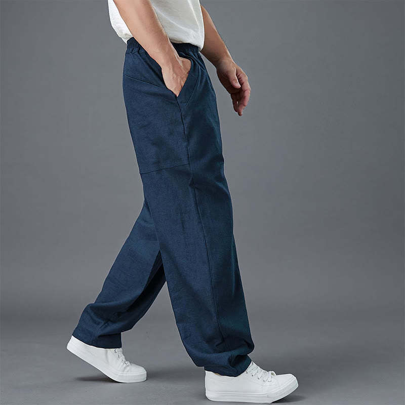 Plain Color Elastic Waist Ramie Linen Men's Pants With Pockets