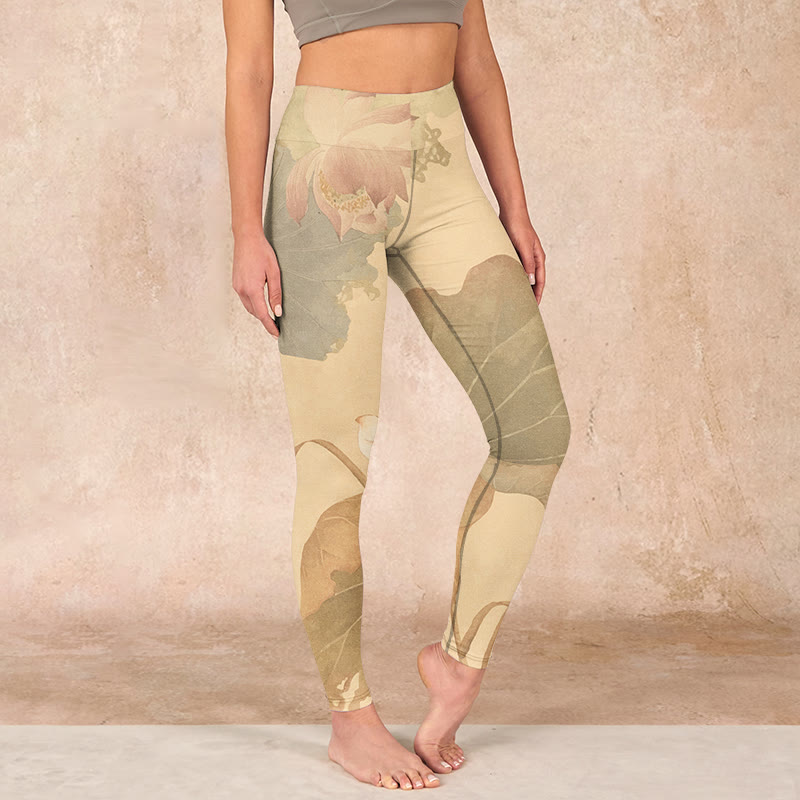 Lotus Flowers Leaves Print Gym Leggings Women's Yoga Pants