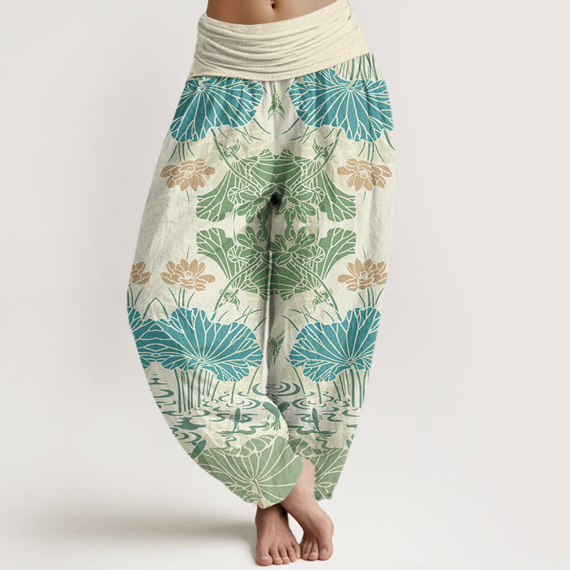 Lotus Leaves Flowers Design Women's Elastic Waist Harem Pants