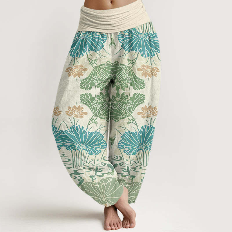 Lotus Leaves Flowers Design Women's Elastic Waist Harem Pants