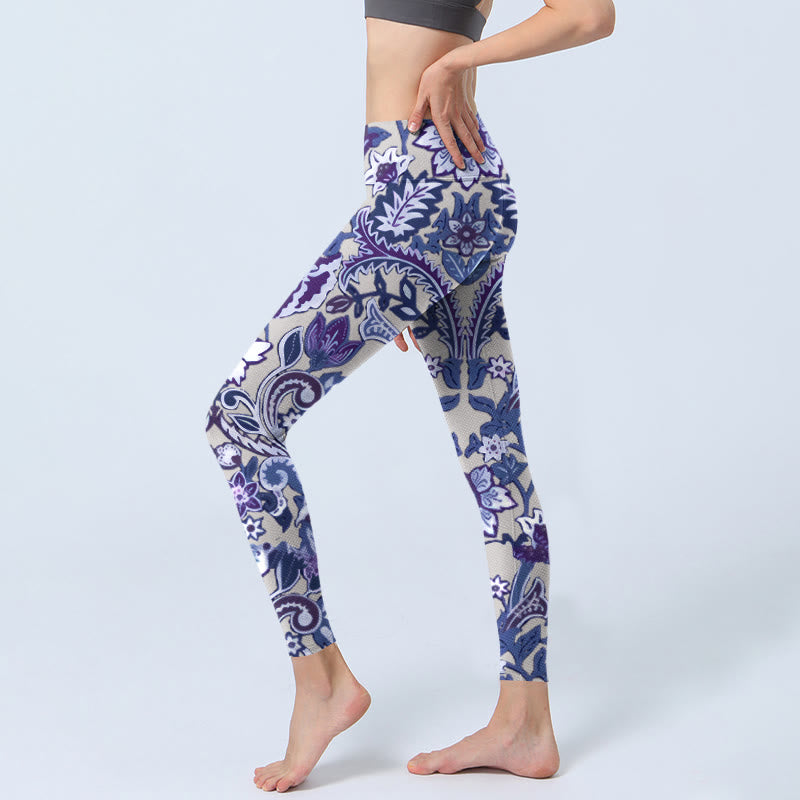 Purple Flower Leaves Print Gym Fitness Leggings Women's Yoga Pants