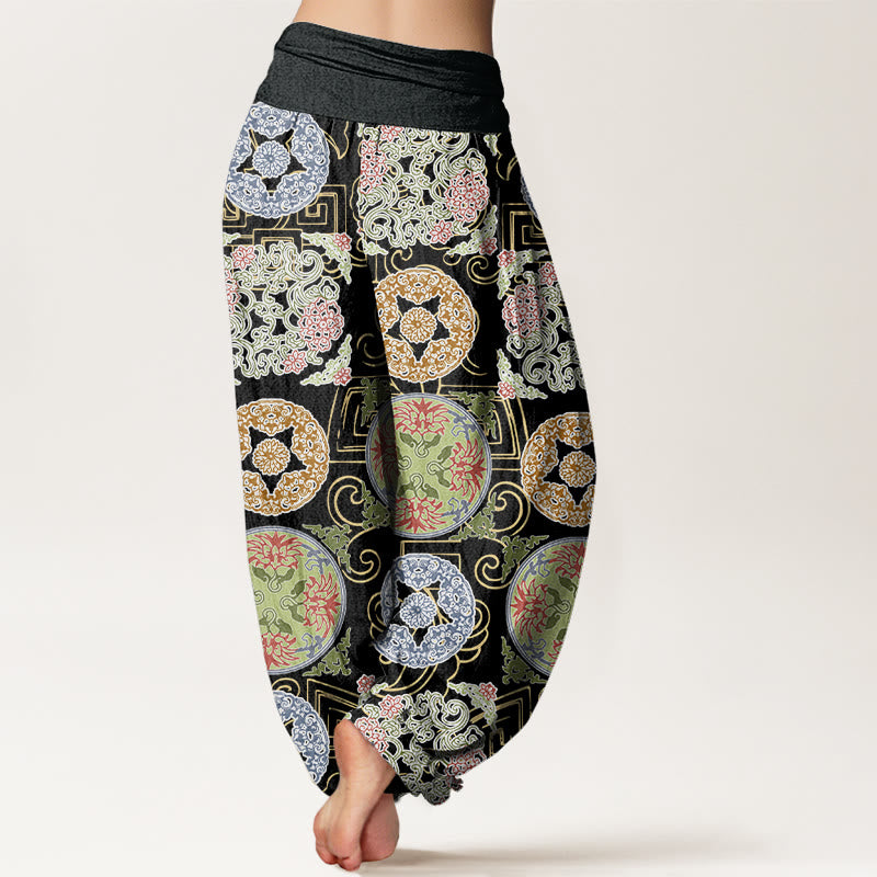 Round Shapes Chinese Floral Pattern Design Women's Elastic Waist Harem Pants