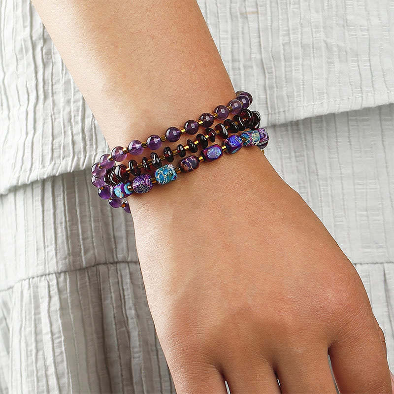 Amethyst Garnet Emperor Stone Communication Triple Wrap Bracelet