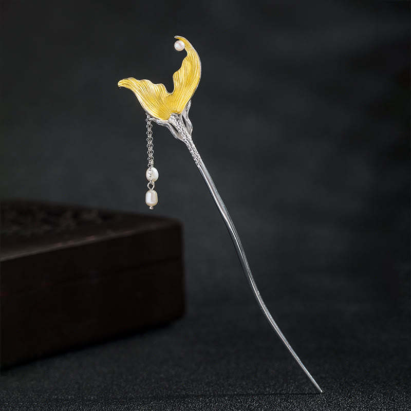 925 Sterling Silver Classical Chinese Style Fish Tail Pearl Tassel Calm Hairpin