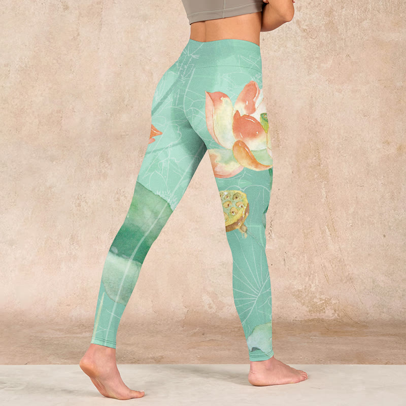 Lotus Leaves Seed Pods Print Gym Leggings Women's Yoga Pants