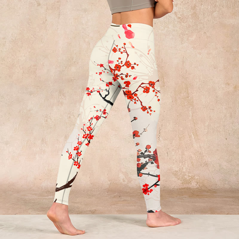 Blooming Red Plum Blossoms Print Gym Leggings Women's Yoga Pants