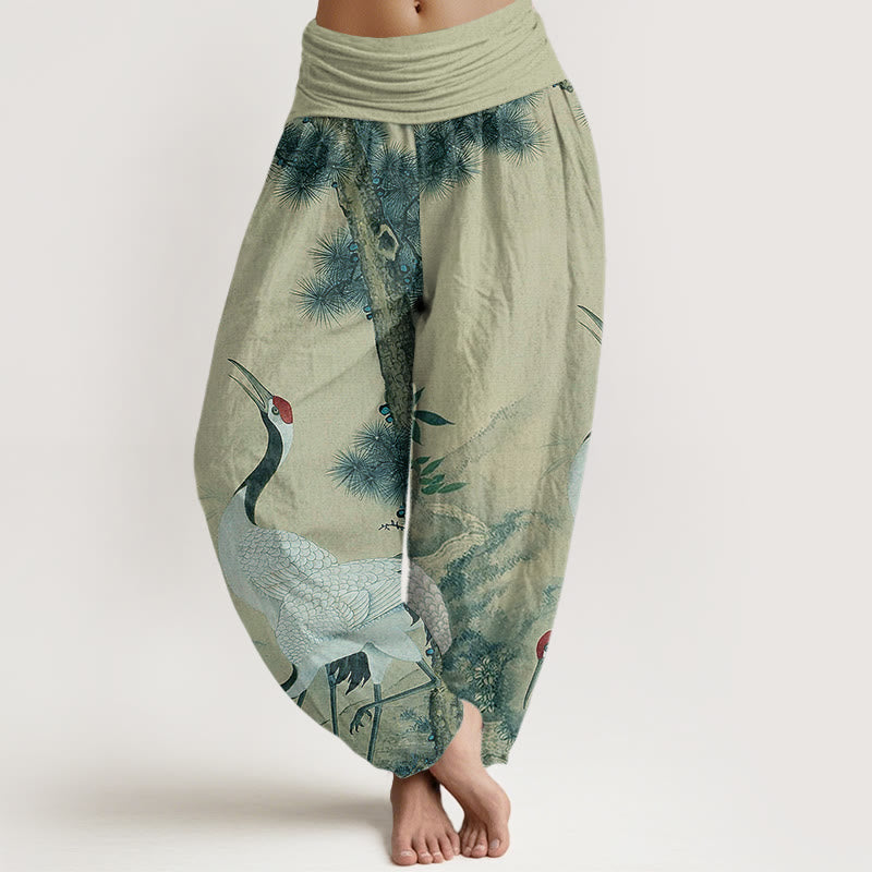 Casual Red-crowned Crane Pine Tree Mountain Women's Elastic Waist Harem Pants