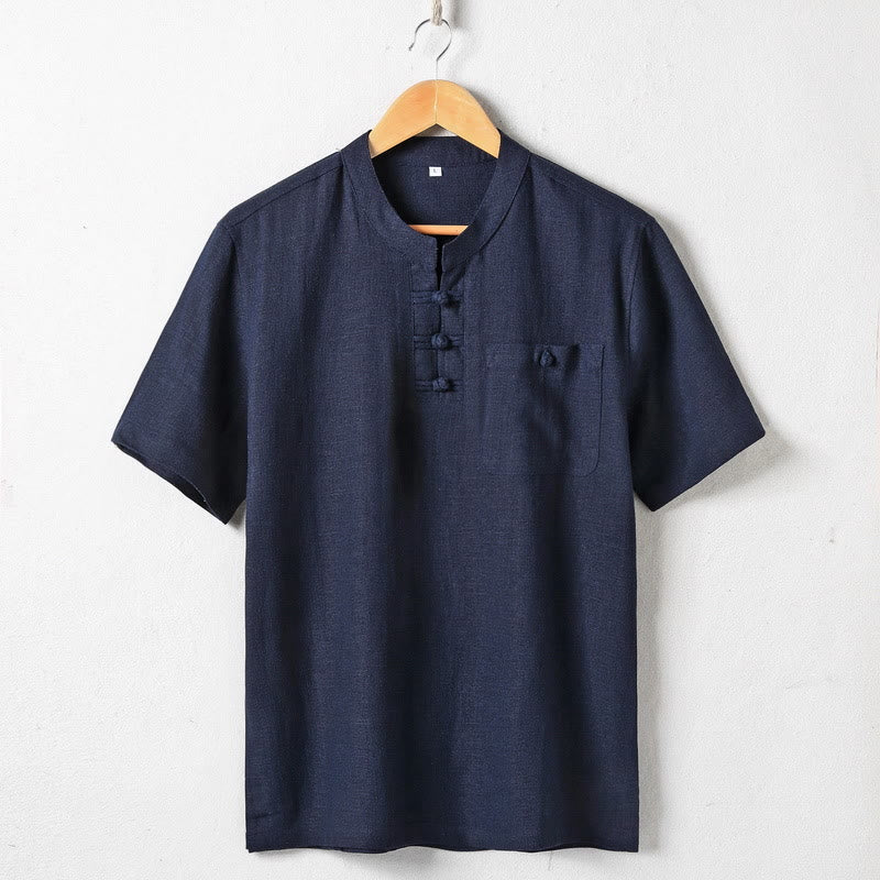Loose Men's Shirt Solid Color Notched Neck Top Short Sleeve Comfy Button Breathable Cotton Linen Shirt