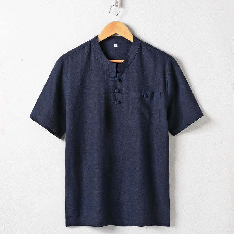 Loose Men's Shirt Solid Color Notched Neck Top Short Sleeve Comfy Button Breathable Cotton Linen Shirt