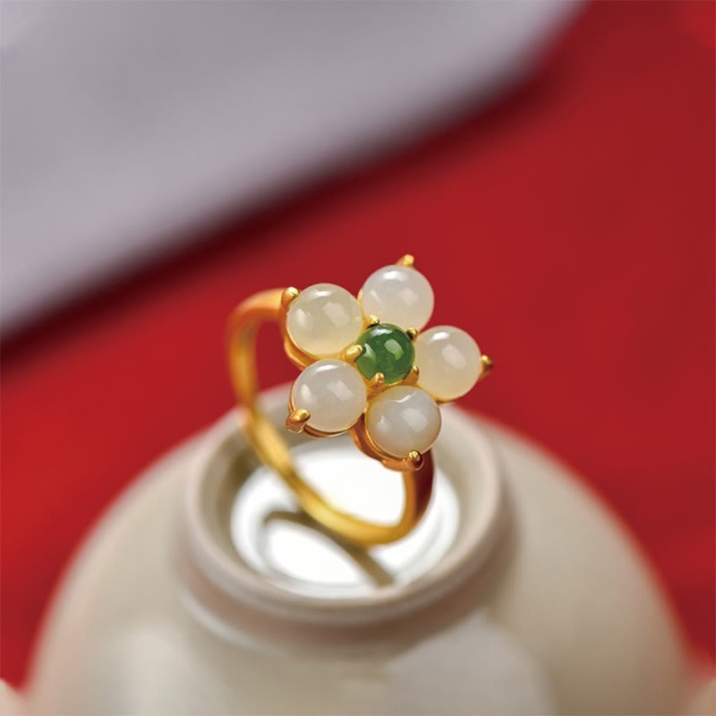 925 Sterling Silver Natural Hetian Jade Peach Blossom Flower Luck Adjustable Ring