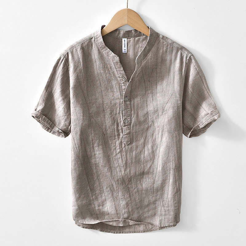 Half Button Short Sleeve V-neck Ramie Cotton Men's Shirt