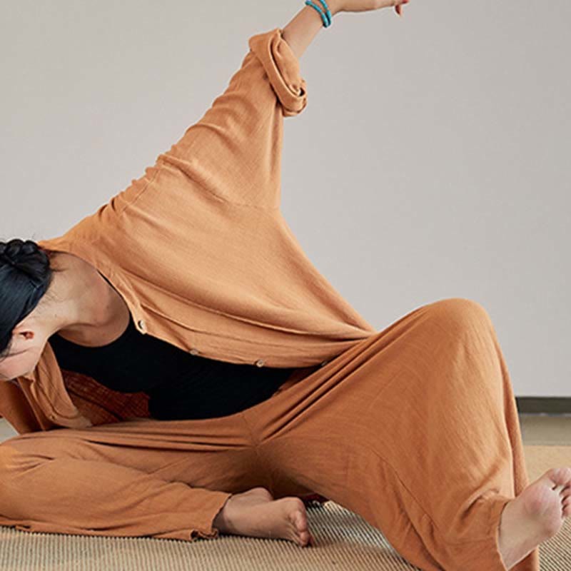 Plain Long Sleeve Coat Jacket Top Wide Leg Pants Zen Tai Chi Yoga Meditation Clothing