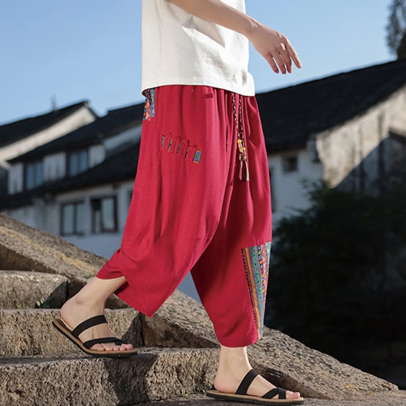 Bohemian Patchwork Pattern Cotton Drawstring Men's Wide Leg Pants With Pockets