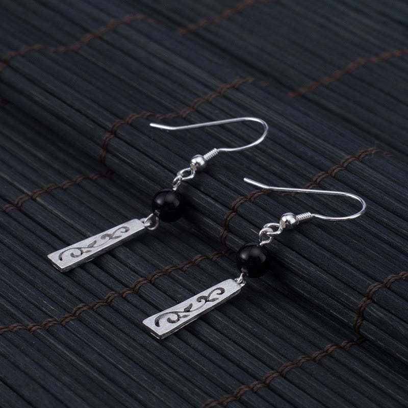 925 Sterling Silver Black Onyx Hollow Vine Protection Drop Earrings