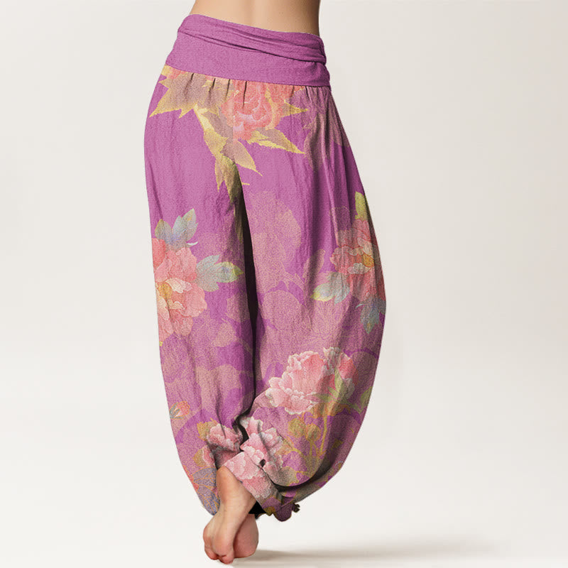 Big Pink Peonies Green Leaves Women's Elastic Waist Harem Pants